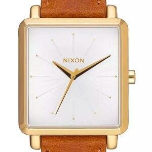 Nixon Gold Square Watch with Brown Leather Strap